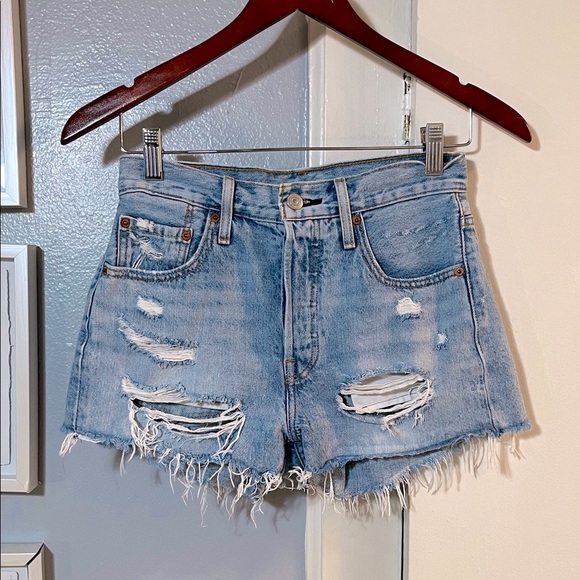 Levi's Pants - Levi’s Women’s 501 Distressed Button Fly Blue Jean Raw Hem Shorts Size 25